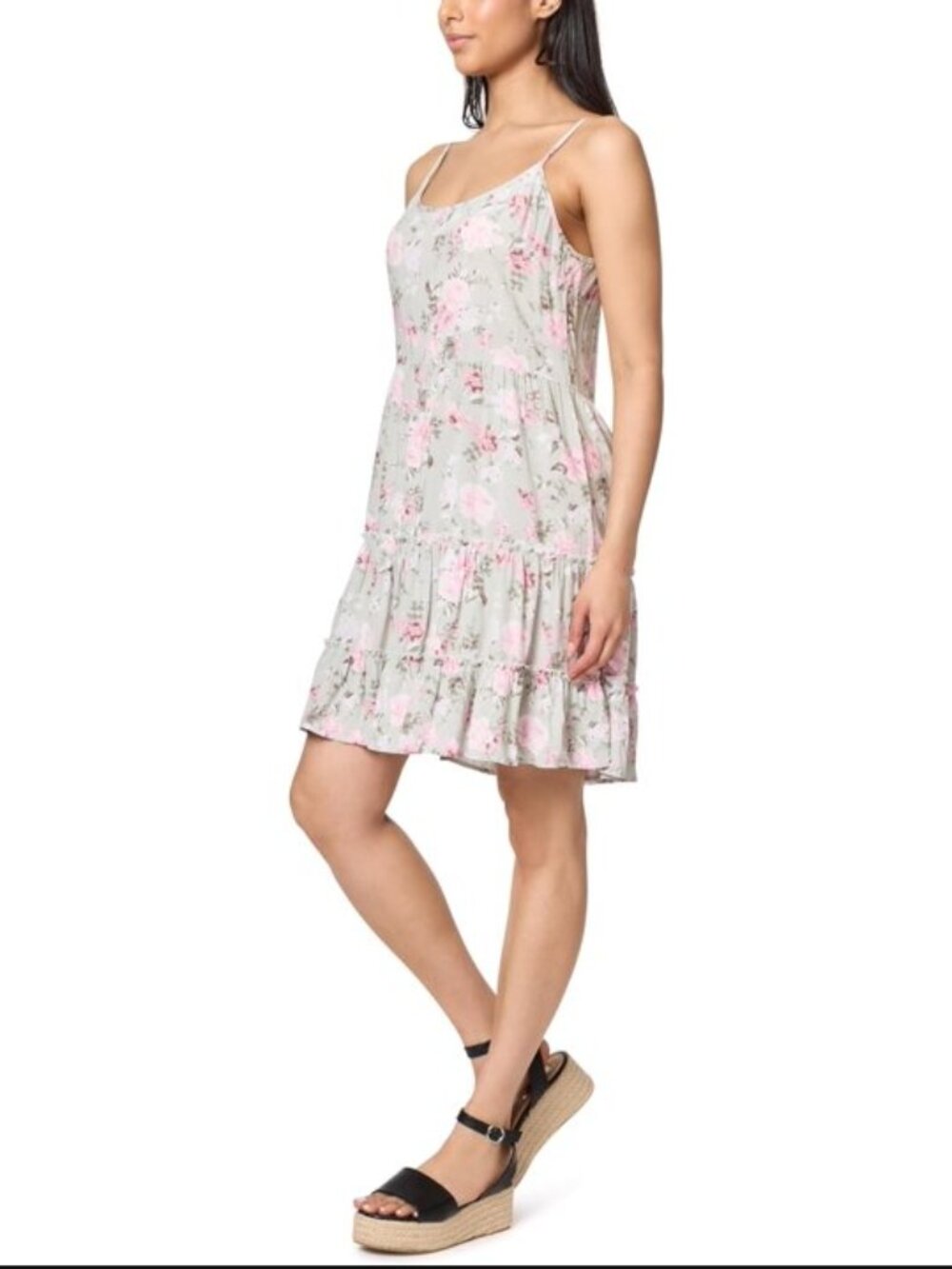 Wallflower Floral Sundress Women's Size Medium Green Pink Spaghetti Strap Tiered